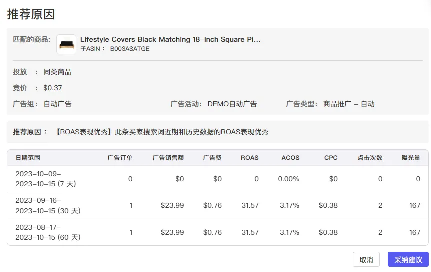 tool4seller 广告洞察建议否定词推荐列表截图