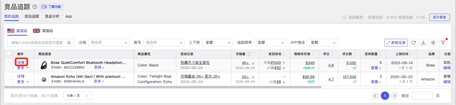 tool4seller 竞品追踪详情入口，展示从列表进入商品数据详情