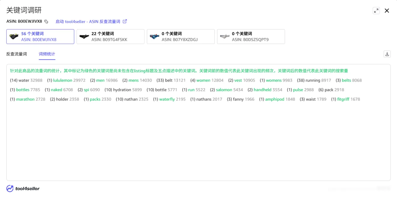 tool4seller 选品插件词频统计,展示标题和五点描述关键词频次
