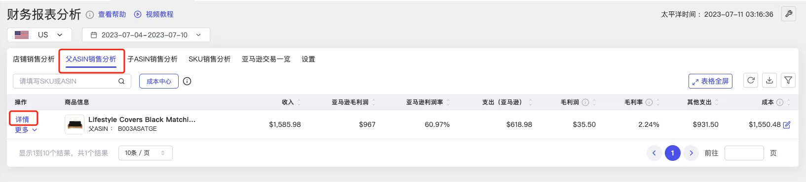 tool4seller 财务报表分析截图,展示父ASIN销售分析