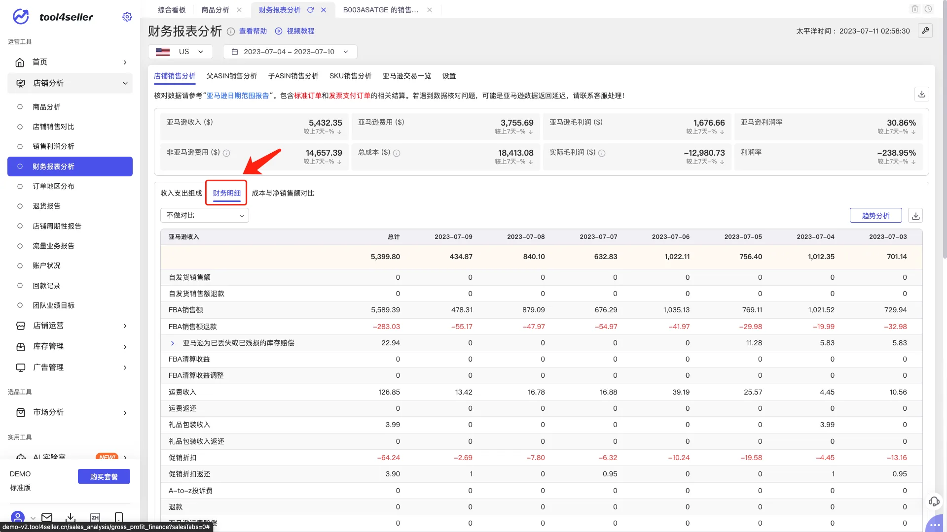 tool4seller 财务报表分析截图,展示财务明细