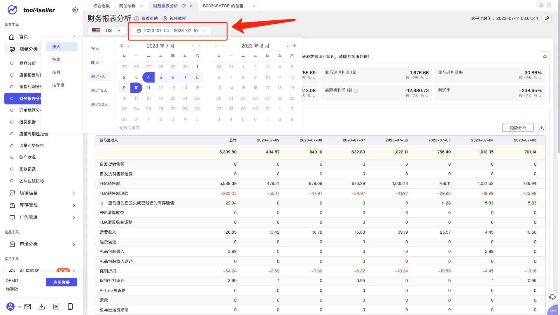 tool4seller 财务报表分析截图,展示切换时间周期