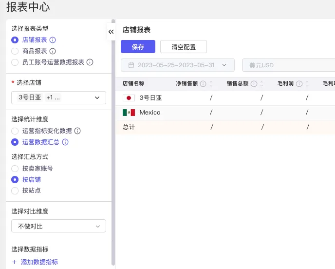 tool4seller 报表中心特殊模板配置截图，展示报表类型、数据范围和统计指标设置