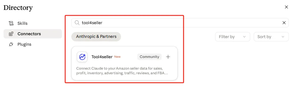 点金tool4seller MCP 授权账户截图，在 Claude 连接器目录中搜索并找到 tool4seller