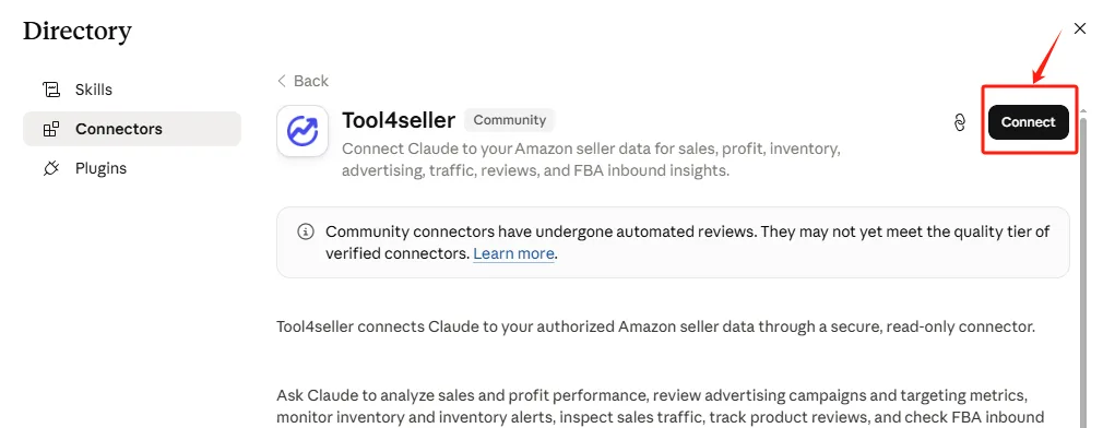 点金tool4seller MCP 授权账户截图，在 Claude 连接器详情页点击 Connect 进行连接
