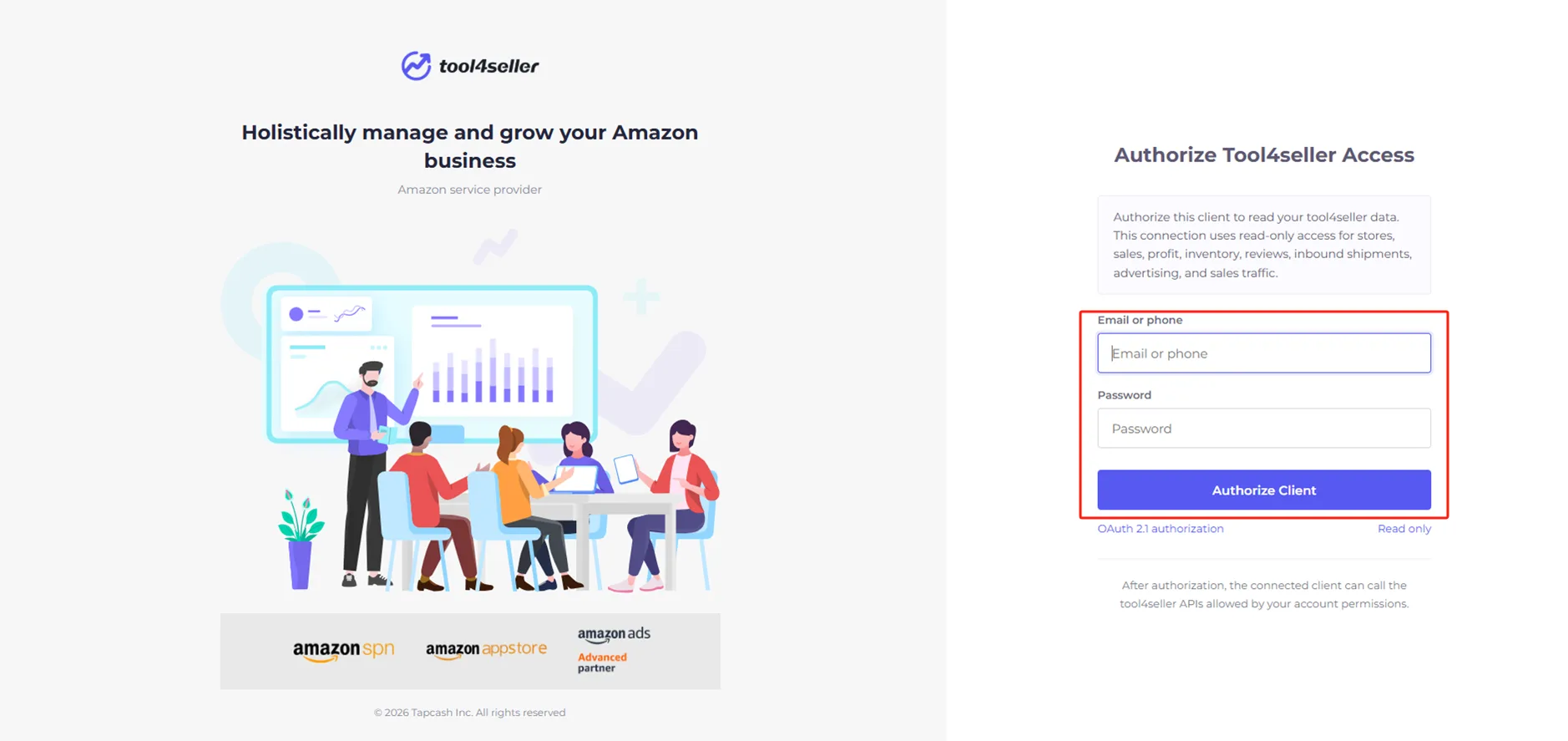 点金tool4seller MCP 授权账户截图，在点金tool4seller 登录页面输入账号和密码完成授权
