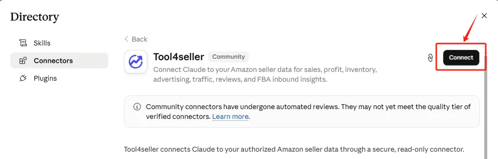 点金tool4seller MCP 授权账户截图，在 Claude 网页端点击点金tool4seller 连接器的 Connect 按钮
